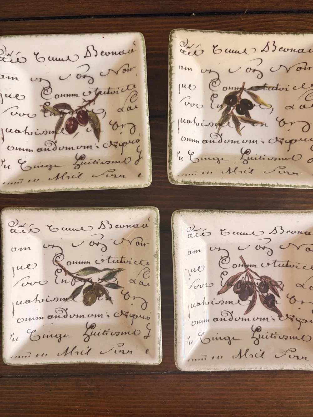 Williams Sonoma Square Appetizer Plates in White and Green with Olive Motif